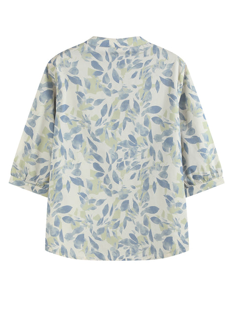 Chemise d'été à col montant pour femme 100 % coton avec motif floral artistique