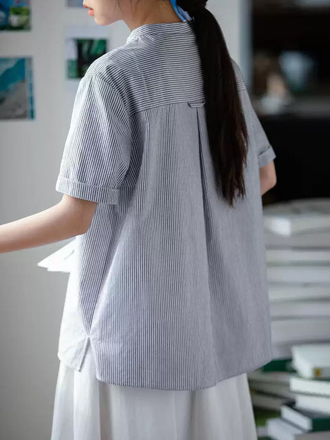 Chemise d'été à rayures 100 % coton à col montant pour femme