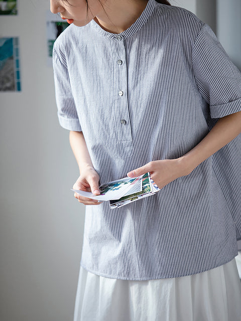 Chemise d'été à rayures 100 % coton à col montant pour femme