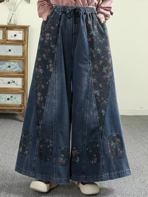 Pantalon large en denim épissé à fleurs rétro pour femmes