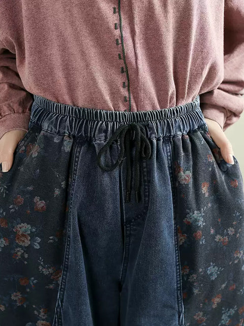 Pantalon large en denim épissé à fleurs rétro pour femmes