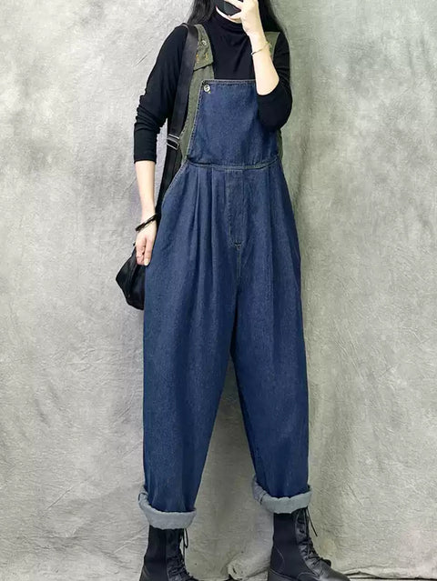 Combinaison ample en denim à blocs de couleurs vintage pour femmes