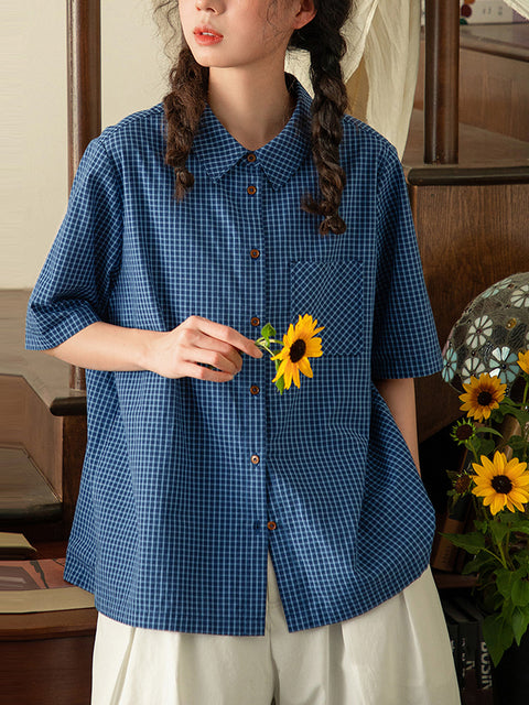 Women Summer Vintage Plaid 100%Cotton Shirt