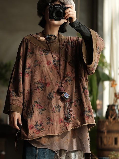 Women Summer Vintage Flower Cotton O-Neck Shirt