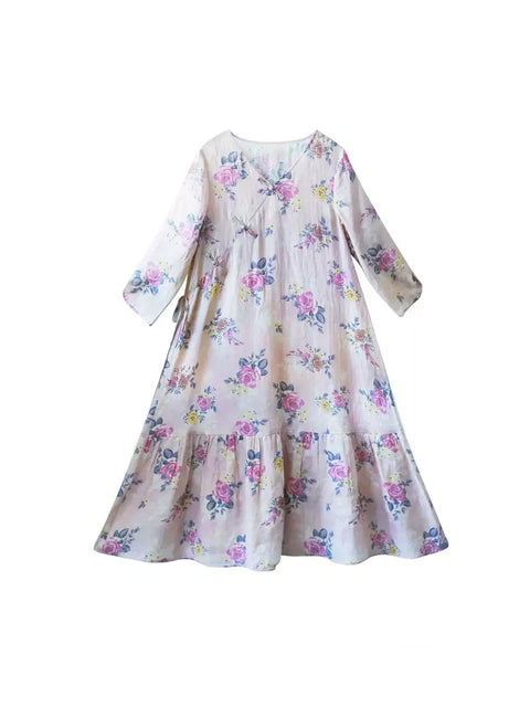 Robe d'été à boutons et col en V pour femme 100 % ramie