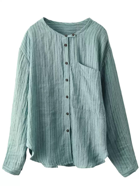 Chemise à col rond à rayures artistiques pour femmes, 100 % lin, printemps