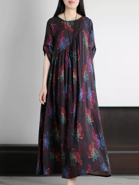 Robe ample à col rond et motif floral rétro pour femme