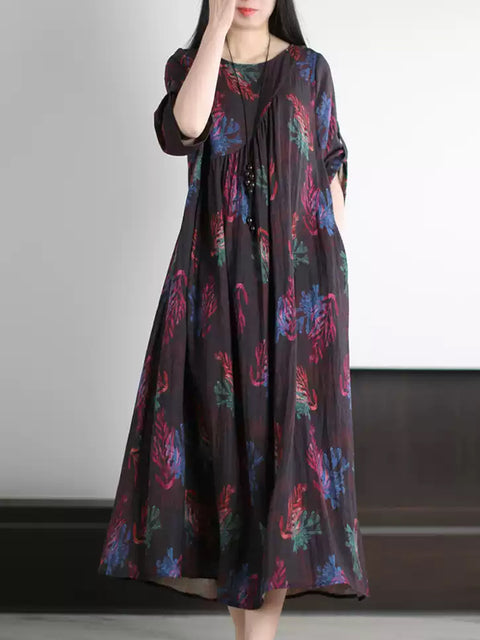 Robe ample à col rond et motif floral rétro pour femme