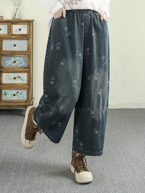 Pantalon en denim jacquard rétro pour femme