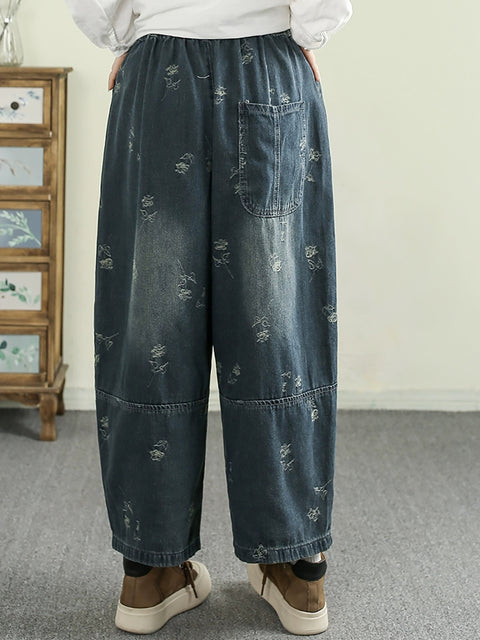 Pantalon en denim jacquard rétro pour femme