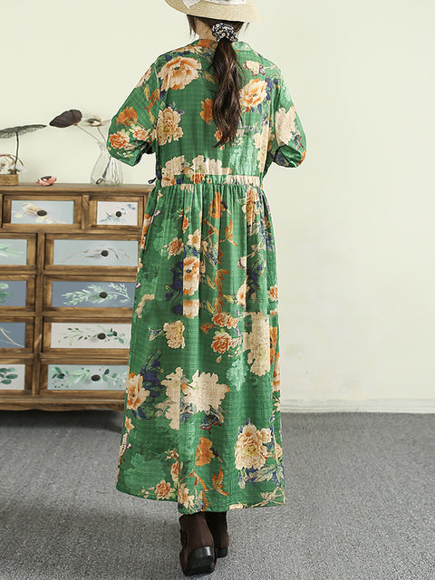 Robe ample à col en V en coton à fleurs vintage pour femme