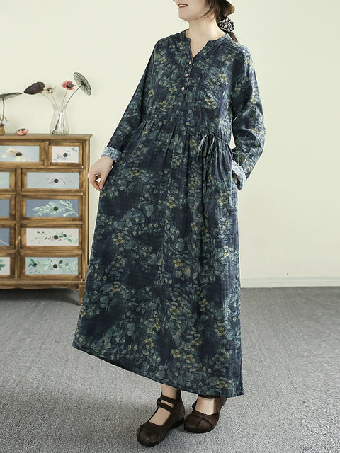 Robe ample à col en V en coton à fleurs vintage pour femme