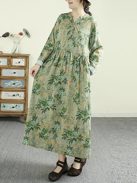 Robe ample à col en V en coton à fleurs vintage pour femme