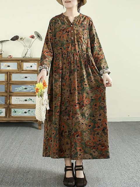 Robe ample à col en V en coton à fleurs vintage pour femme