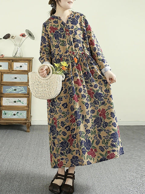 Robe ample à col en V en coton à fleurs vintage pour femme