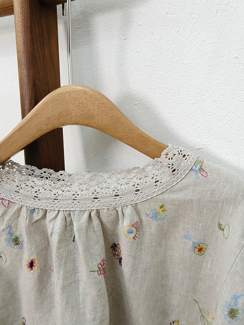 Chemise à col en dentelle ramie avec broderie florale pour femme