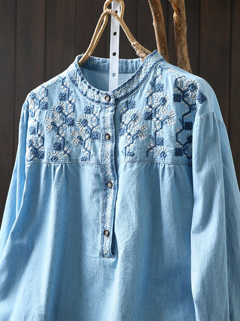 Chemise en denim 100 % coton avec broderie ethnique pour femme