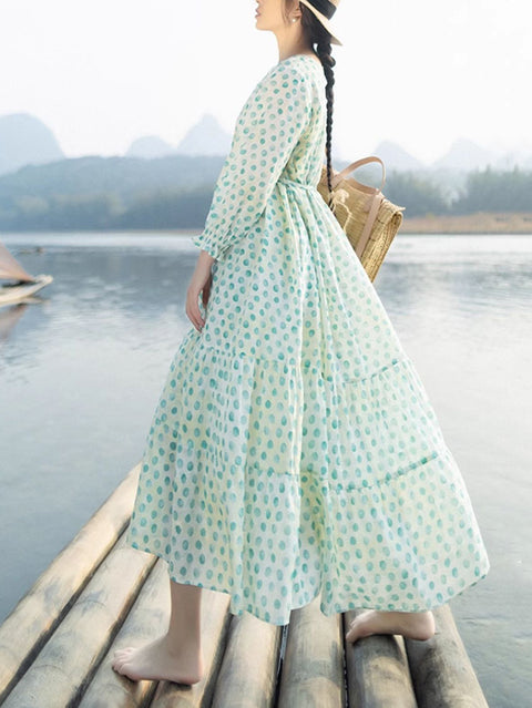 Robe d'été ample en lin à pois et col en V pour femme