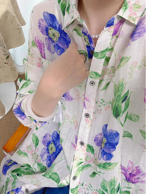 Chemise boutonnée à fleurs artistiques printanières pour femmes 100 % ramie