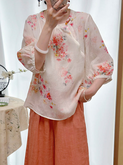 Women Summer Ethnic Flower O-Neck 100%Ramie Shirt