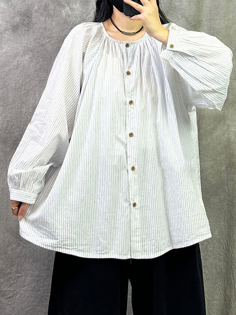 Women Spring Casual Stripe O-Neck Loose Shirt