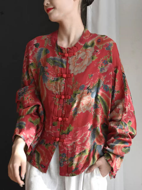 Chemise d'été à col montant et motif floral ethnique pour femme 100 % coton