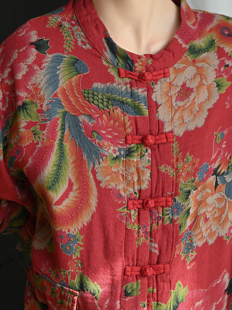 Chemise d'été à col montant et motif floral ethnique pour femme 100 % coton