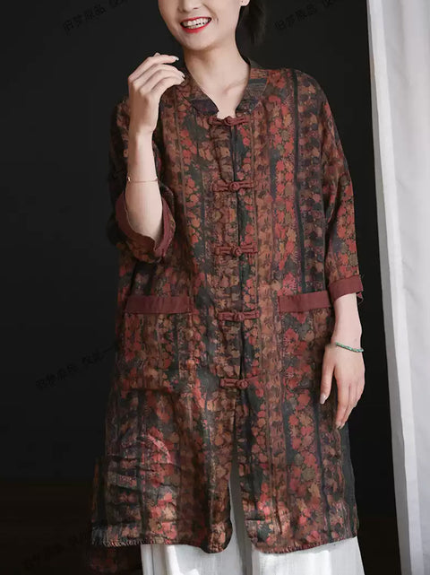 Chemise d'été ethnique à col montant pour femme 100 % ramie à fleurs