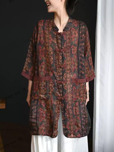 Chemise d'été ethnique à col montant pour femme 100 % ramie à fleurs