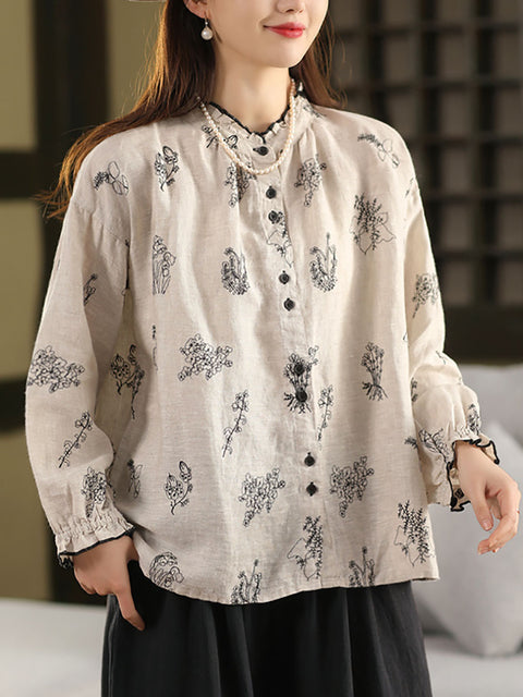 Women Spring Flower Embroidery 100%Linen Lace Collar Shirt