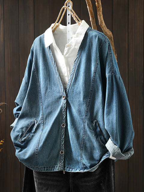 Manteau chemise en jean à col en V vintage pour femme