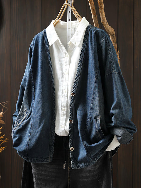 Manteau chemise en jean à col en V vintage pour femme