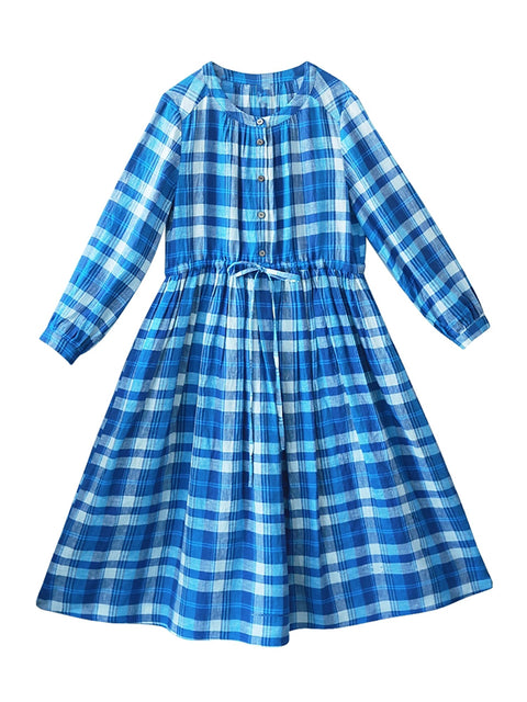 Women Spring Plaid O-Neck Strap 100%Linen Loose Dress