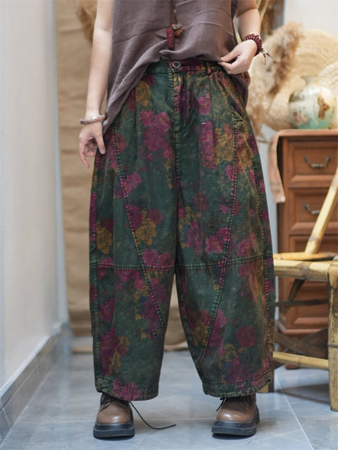 Women Spring Retro Flower Cotton Harem Pants