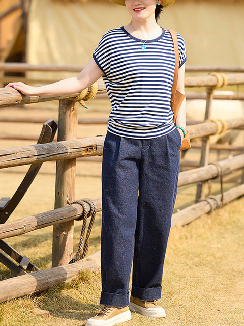 Chemise ample à rayures et col rond pour femme, décontractée, printemps