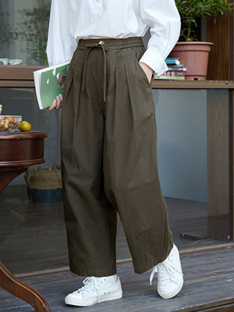 Women Spring Casual Pure Color Cotton Wide-leg Pants