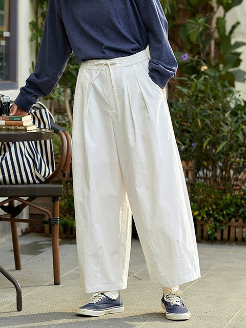 Women Spring Casual Pure Color Cotton Wide-leg Pants