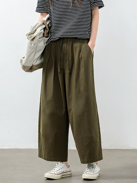 Women Spring Casual Pure Color Cotton Wide-leg Pants