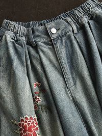 Thumbnail for Women Spring Vintage Flower Embroidery Denim Pants