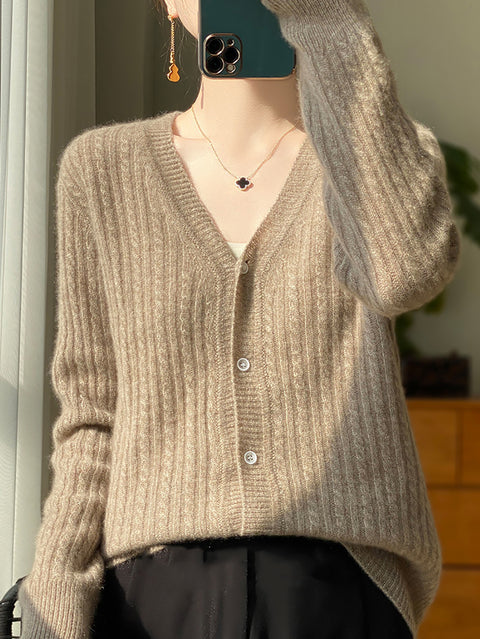 Pull cardigan en tricot à col en V 100 % laine pour femme