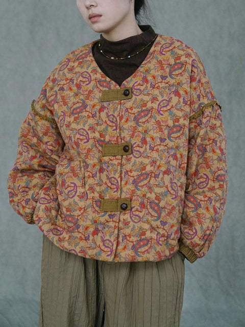 Veste rembourrée en coton à col en V pour femme, motif floral ethnique, hiver