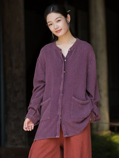 Chemise en ramie à boutons et poches solides pour femmes