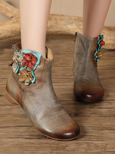 Bottes à talons bas épissées en cuir vintage pour femmes