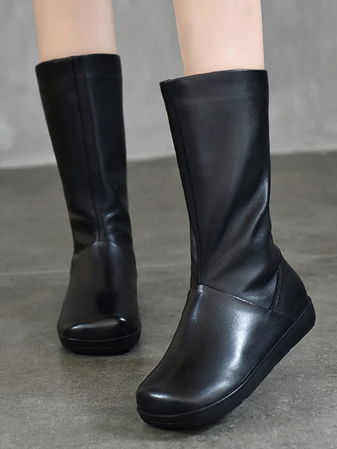 Bottes plates décontractées d'hiver en cuir véritable à talon moyen pour femmes