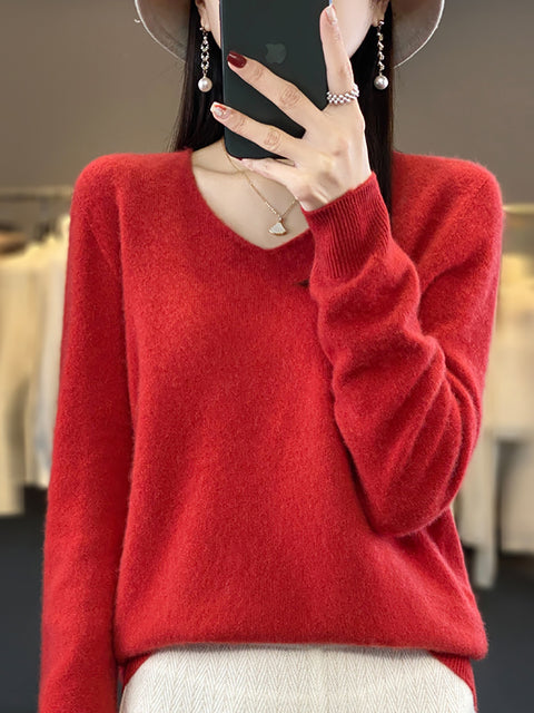 Pull en tricot à col en V de couleur unie pour femme