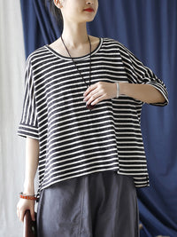 Thumbnail for Women Summer Casual Stripe Loose O-Neck Shirt