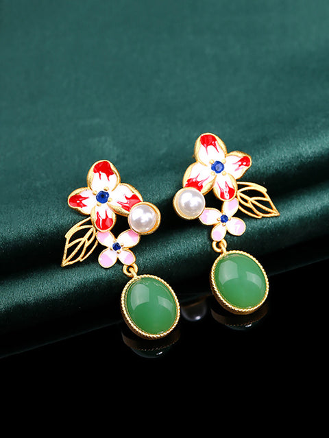 Boucles d'oreilles en forme de fleur pour femmes, en émail vert, Jade, plaque dorée