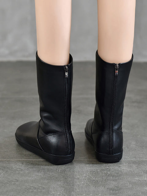 Bottes plates décontractées d'hiver en cuir véritable à talon moyen pour femmes