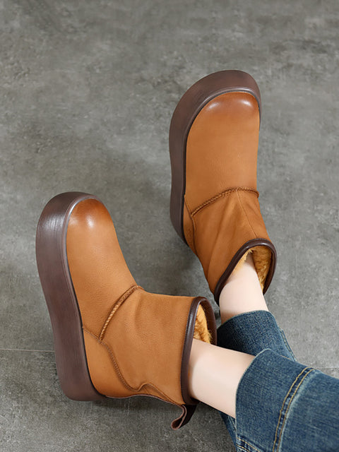 Bottes d'hiver à plateforme en cuir véritable doublées de polaire pour femmes