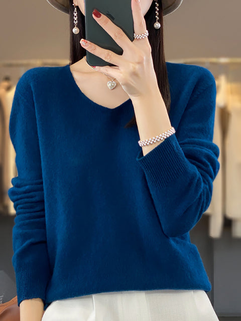 Pull en tricot à col en V de couleur unie pour femme